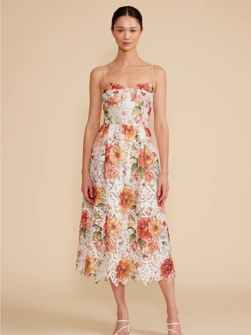 Lucy Paris White Floral Lace Midi Dress with Pink, Orange & Green Print
